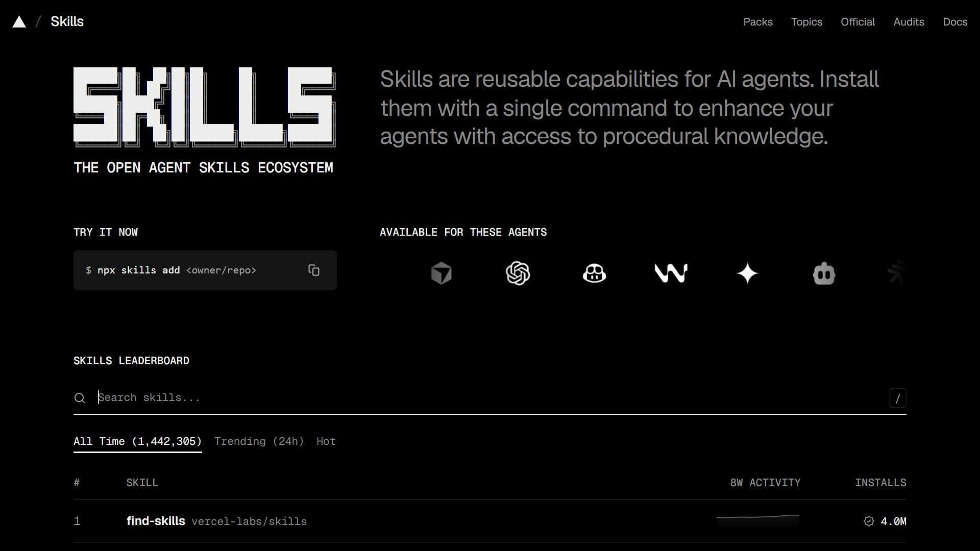 skills.sh 的 Agent Skills 排行榜，前兩名是 find-skills 和 grill-me