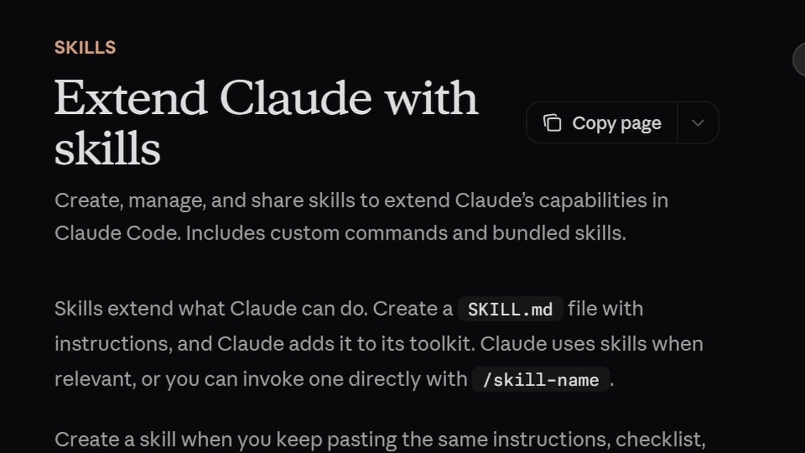 Claude Code 官方文件的 Skills 頁面:Extend Claude with skills